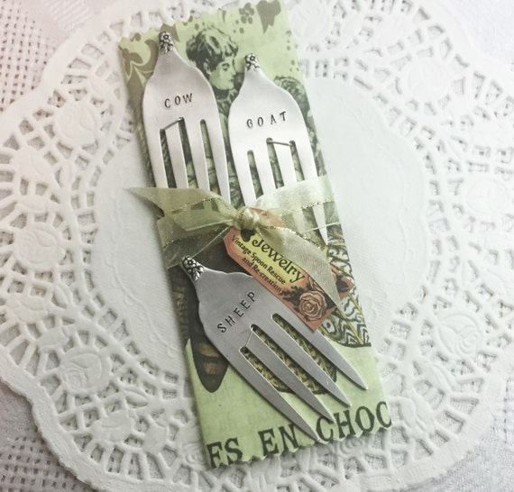 Fork Cheese Markers, Hand Stamped Vintage Forks, Goat, Sheep, Cow, Gift Set of 3