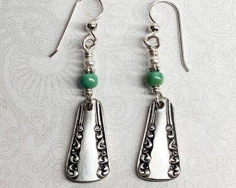 Antique Spoon Earrings, Genuine Turquoise, Dangle Earrings, Silverware Jewelry "Avon" 1901