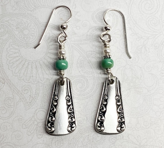 Antique Spoon Earrings, Genuine Turquoise, Dangle Earrings, Silverware Jewelry "Avon" 1901