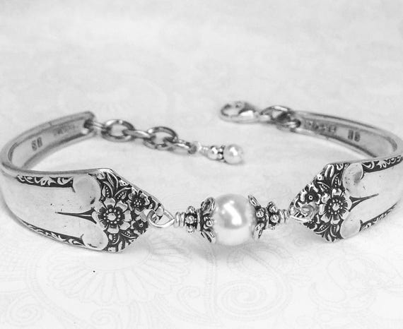 Spoon Bracelet, White Crystal Pearls, Sterling Silver Bali Bead Caps, Silverware Jewelry, Starlight 1950