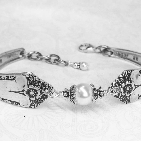 Spoon Bracelet, White Crystal Pearls, Sterling Silver Bali Bead Caps, Silverware Jewelry, Starlight 1950