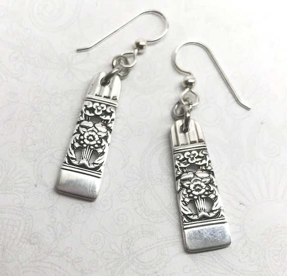Vintage Spoon Earrings, Dangle Earrings, Silverware Jewelry, "Coronation" 1936