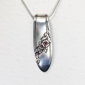 Spoon Necklace Pendant, Rose Pink Crystals, 'Queen Bess' 1946, Silverware Jewelry image 2