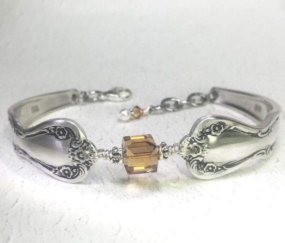 Spoon Bracelet, Topaz Swarovski Crystal, Flatware Jewelry, Birthstone Bracelet - Birthday Gift for Her, 'Daybreak' pattern 1952