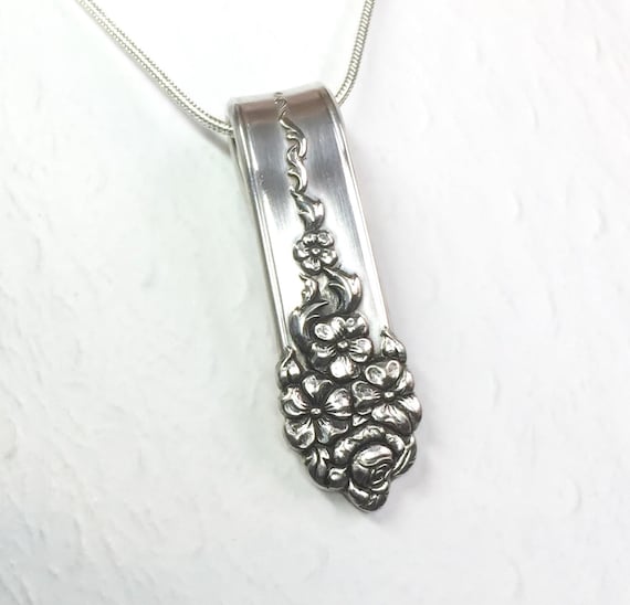 Spoon Necklace, Vintage Silverware Pendant, Floral Repurposed Jewelry, 'Moss Rose' 1949, Gift for Her