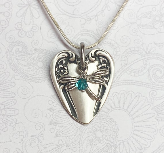 Heart Shaped Spoon Necklace Teal Crystal Spoon Pendant