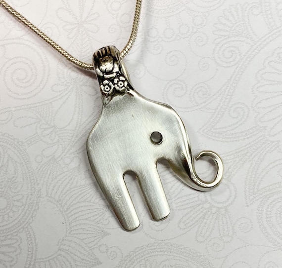 Baby Elephant Fork Necklace, Cocktail Fork Pendant, Elephant Necklace, Silverware Jewelry