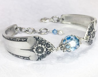 Spoon Bracelet, Aquamarine Swarovski Crystals & Sterling Silver Components, 'Starlight' 1950, Birthstone Bracelet, Silverware Jewelry,