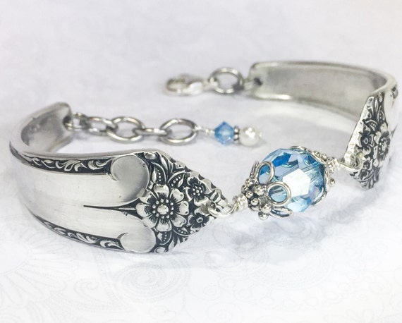 Spoon Bracelet, Aquamarine Swarovski Crystals & Sterling Silver Components, 'Starlight' 1950, Birthstone Bracelet, Silverware Jewelry,