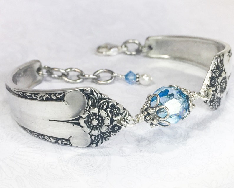 Spoon Bracelet, Aquamarine Swarovski Crystals & Sterling Silver Components, 'Starlight' 1950, Birthstone Bracelet, Silverware Jewelry, image 1