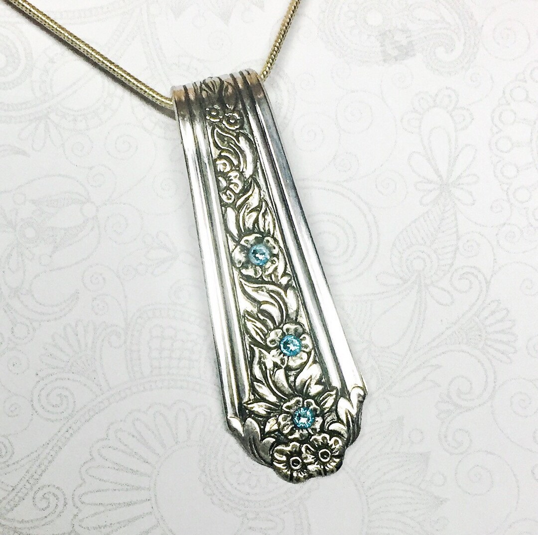 Vintage Spoon Necklace, Aquamarine Swarovski Crystals, Silverware