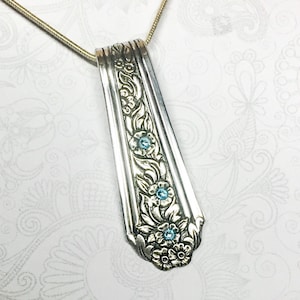 Vintage Spoon Necklace, Aquamarine Swarovski Crystals, Silverware Jewelry, 'Viceroy' 1936, Customizable Pendant