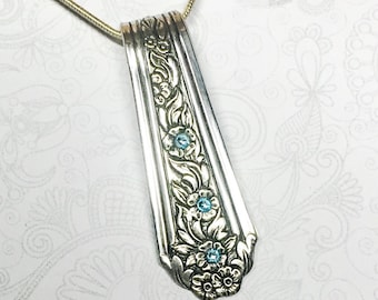 Vintage Spoon Necklace, Aquamarine Swarovski Crystals, Silverware Jewelry, 'Viceroy' 1936, Customizable Pendant