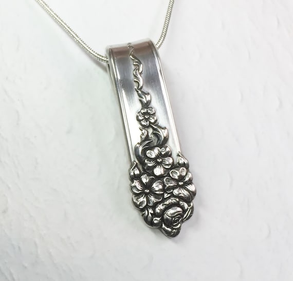 Vintage Spoon Necklace, Spoon Pendant, 'Moss Rose' 1949, Silverware Jewelry