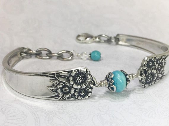 Sunflower Spoon Bracelet, Genuine Turquoise Silverware Jewelry 'April' 1950
