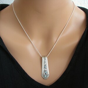 Vintage Spoon Necklace, Aquamarine Swarovski Crystals, Silverware Jewelry, 'Viceroy' 1936, Customizable Pendant image 4