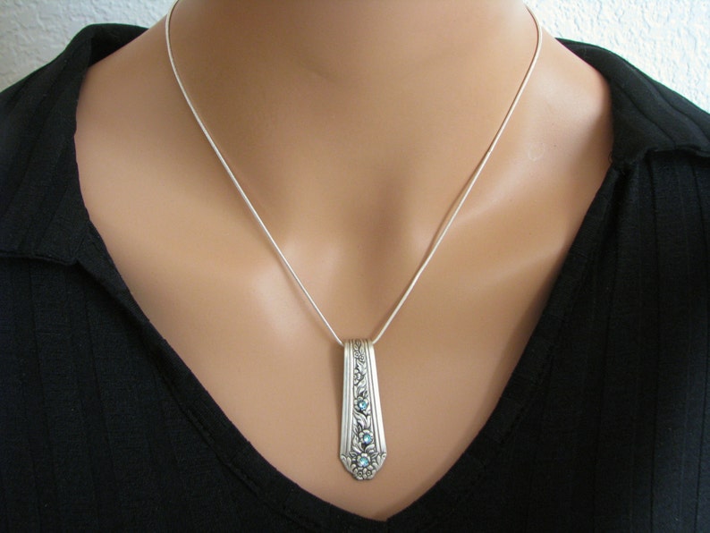 Vintage Spoon Necklace, Aquamarine Swarovski Crystals, Silverware Jewelry, 'Viceroy' 1936, Customizable Pendant image 4