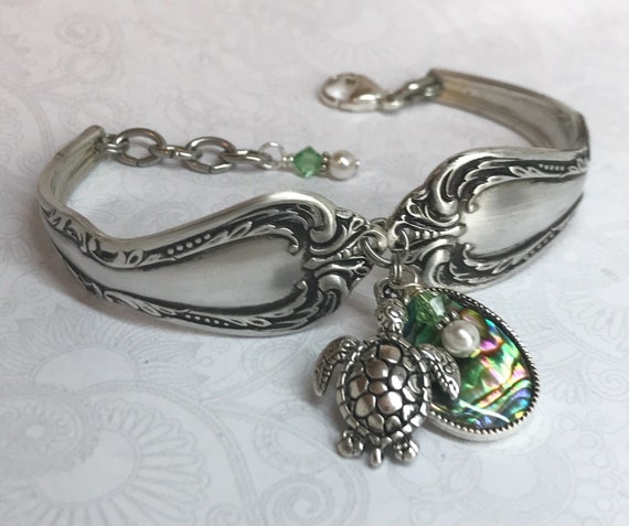 Sea Turtle Spoon Bracelet, Abalone Shell, Peridot, Silverware Jewelry, 'Chalice' 1958