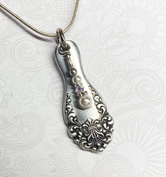 Antique Spoon Necklace, Demitasse Spoon Pendant, White Pearls, Silverware Jewelry, "Anjou" 1899