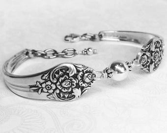 Spoon Bracelet, Sterling Silver Beads, Plantation 1948, Silverware Jewelry