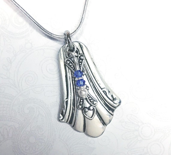 Spoon Necklace with Blue Sapphire Crystals, White pearl, Silverware Jewelry, 'Enchantment' 1985