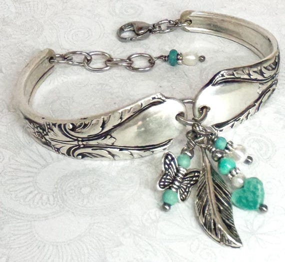 Silver Spoon Bracelet, Turquoise Heart, White Pearls, Butterfly, 'Avalon' 1940, Silverware Jewelry