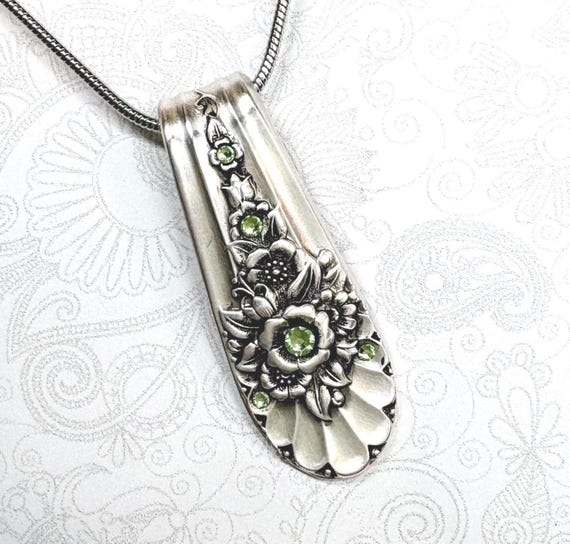 Spoon Necklace, Peridot Crystals, Spoon Jewelry, Silverware Jewelry, 'Jubilee' 1953