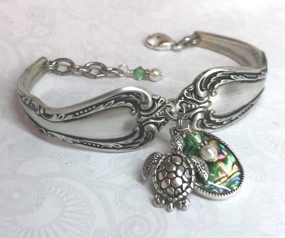 Sea Turtle Spoon Bracelet, Abalone Shell, Peridot, Silverware Jewelry, 'Chalice' 1958, Adjustable Bangle