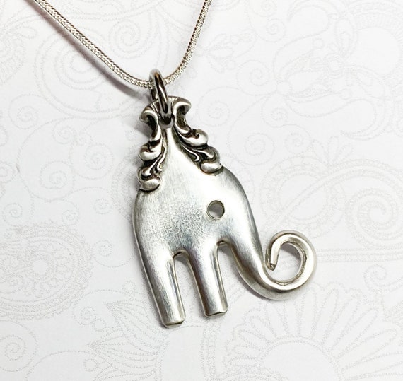 Baby Elephant Fork Necklace, Antique Cocktail Fork Pendant, Elephant Necklace, Silverware Jewelry