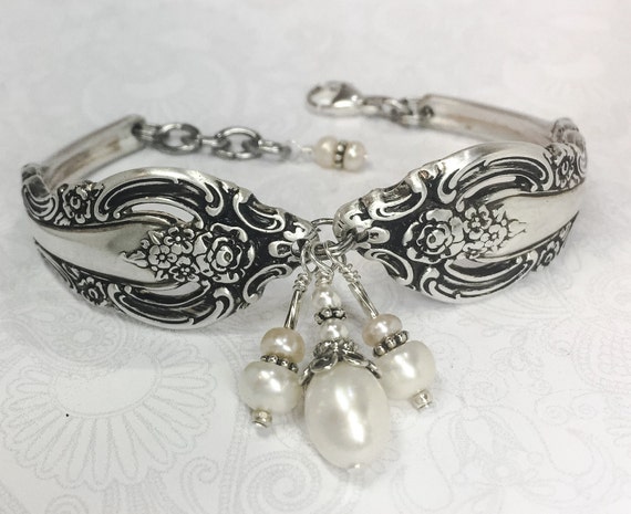 Spoon Bracelet, White Freshwater Pearls, Silverware Jewelry "Silver Artistry" 1965