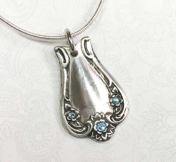 Spoon Necklace Pendant, Aquamarine Crystals, Silverware Jewelry, 'Daybreak' Circa 1952