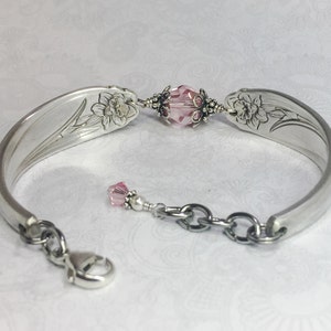 Silver Spoon Bracelet, Light Pink Crystals, White Pearl, Spoon Jewelry, 'Daffodil' 1950, Customizable Spring Bracelet image 4