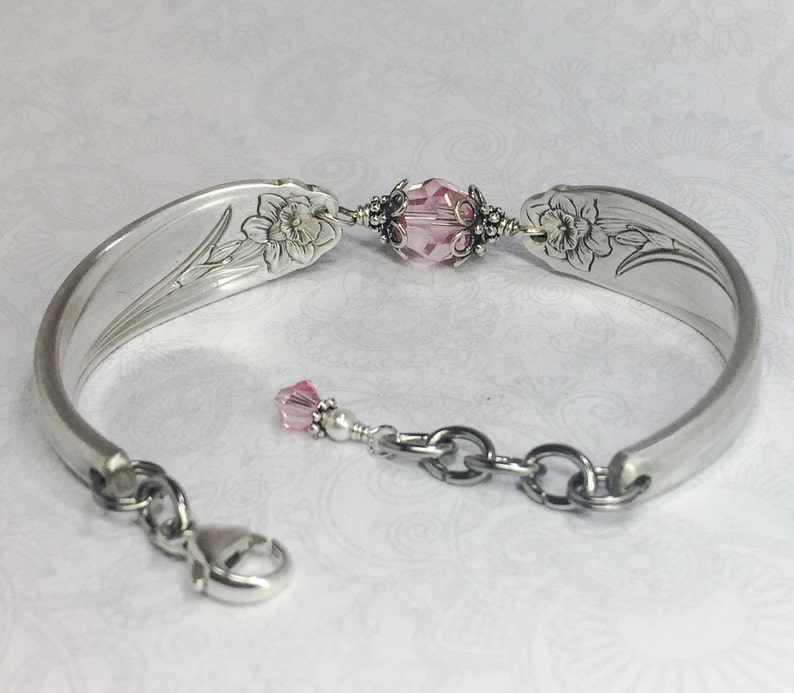 Silver Spoon Bracelet, Light Pink Crystals, White Pearl, Spoon Jewelry, 'Daffodil' 1950, Customizable Spring Bracelet image 4
