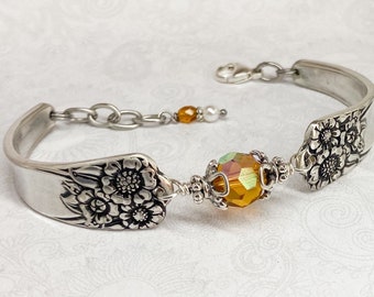 Sunflower Spoon Bracelet, Yellow Swarovski Crystal, Spoon Jewelry - 'April' 1950
