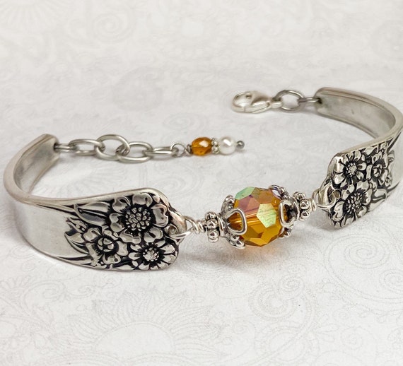 Sunflower Spoon Bracelet, Yellow Swarovski Crystal, Spoon Jewelry - 'April' 1950