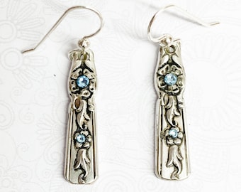Spoon Earrings, Aquamarine Crystals, Dangle Earrings, Silverware Jewelry - 'Moss Rose' 1949