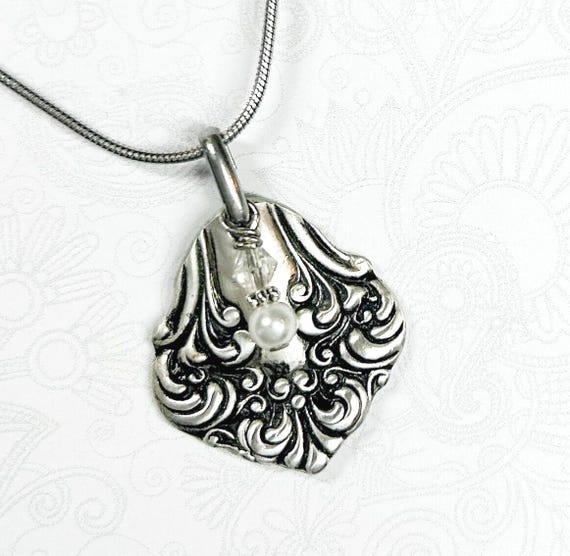Antique Spoon Necklace Pendant, White Pearl, Clear Crystal, 'Avon' 1901, Silverware Jewelry