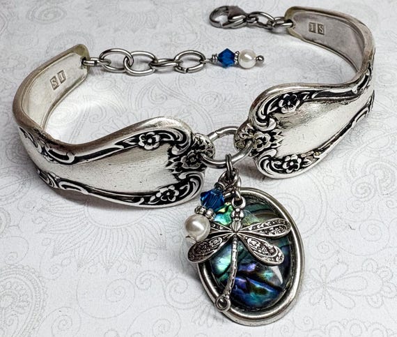 Dragonfly Spoon Bracelet, Blue Paua Shell, Silverware Jewelry  - 'Daybreak' 1952