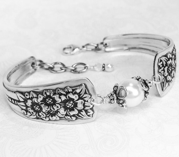 Vintage Spoon Bracelet, White Pearl, Silverware Jewelry, 'Silver Belle' 1940