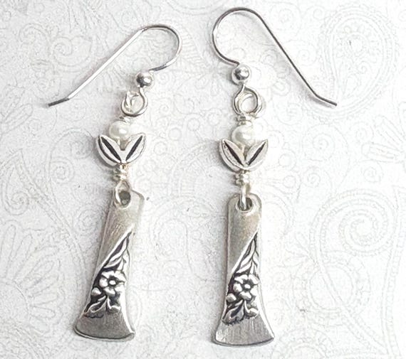Petite Spoon Earrings, White Pearl Drop Earrings, Silverware Jewelry for Women, "Evening Star" 1950
