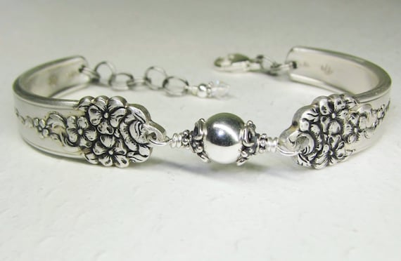 Spoon Bracelet with Sterling Silver Beads, Silverware Jewelry 'Moss Rose' 1949