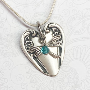 Heart Shaped Spoon Necklace, Teal Crystal, Spoon Pendant, Silverware Jewelry, &#39;Daybreak&#39; 1952