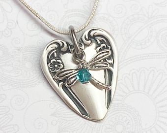 Heart Shaped Spoon Necklace, Teal Crystal, Spoon Pendant, Silverware Jewelry, 'Daybreak' 1952