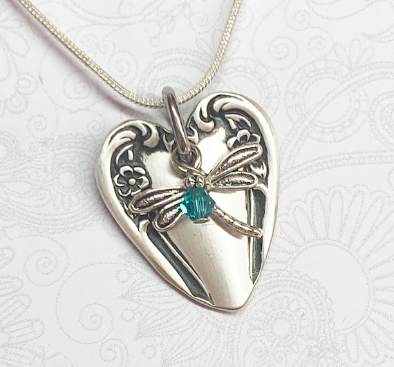 Heart Shaped Spoon Necklace, Teal Crystal, Silverware Jewelry, 'Daybreak' 1952