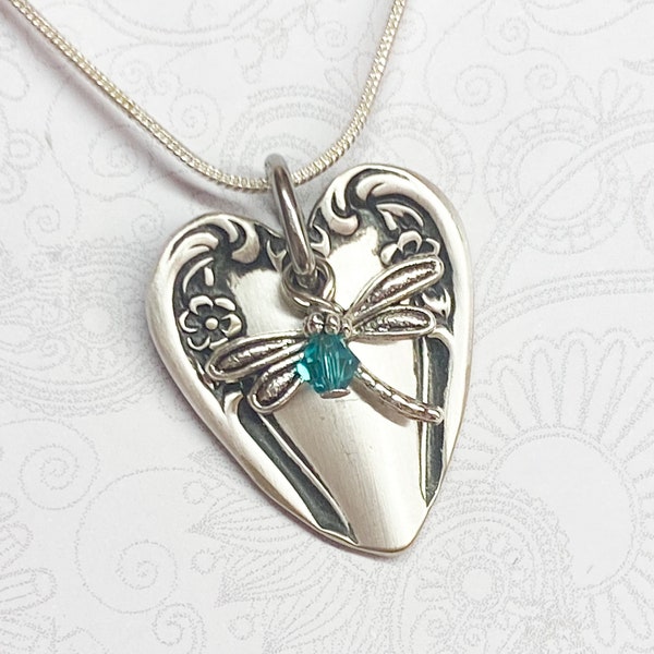 Heart Shaped Spoon Necklace, Teal Crystal, Spoon Pendant, Silverware Jewelry, 'Daybreak' 1952