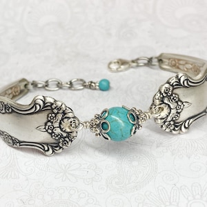 Handmade Spoon Bracelet, Turquoise Magnesite, Silverware Jewelry, &#39;Holiday&#39; Pattern 1951