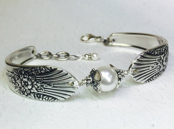 Customizable Spoon Bracelet, White Pearl, Silverware Jewelry 'Marigold' 1939