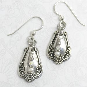 Petite Spoon Earrings,  Silverware Jewelry, Silver Earrings, White Pearls, "Daybreak" 1952