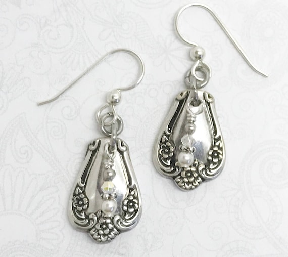 Petite Spoon Earrings,  Silverware Jewelry, Silver Earrings, White Pearls, "Daybreak" 1952