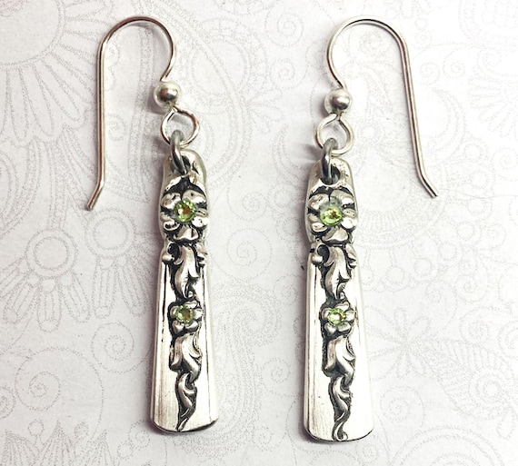 Dangle Spoon Earrings, Peridot Crystals, "Moss Rose" 1949, Silverware Jewelry